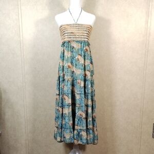 01570 Raga aqua, tan & rust bird print tiered satin strapless maxi dress M